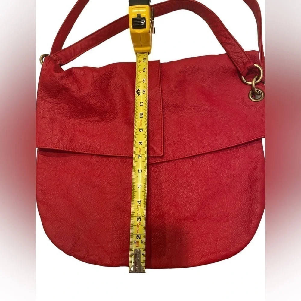 Red Leather Slouchy Shoulder Bag Purse w/Flap Closure Brass Hardware Vintage